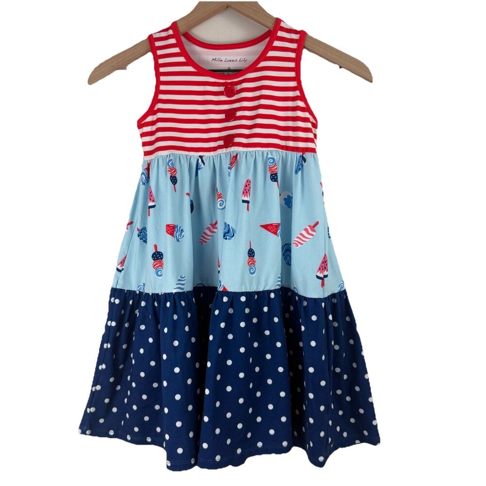 Millie Loves Lily Patriotic Fit & Flare Ice Cream Striped Polka Dot Dress
